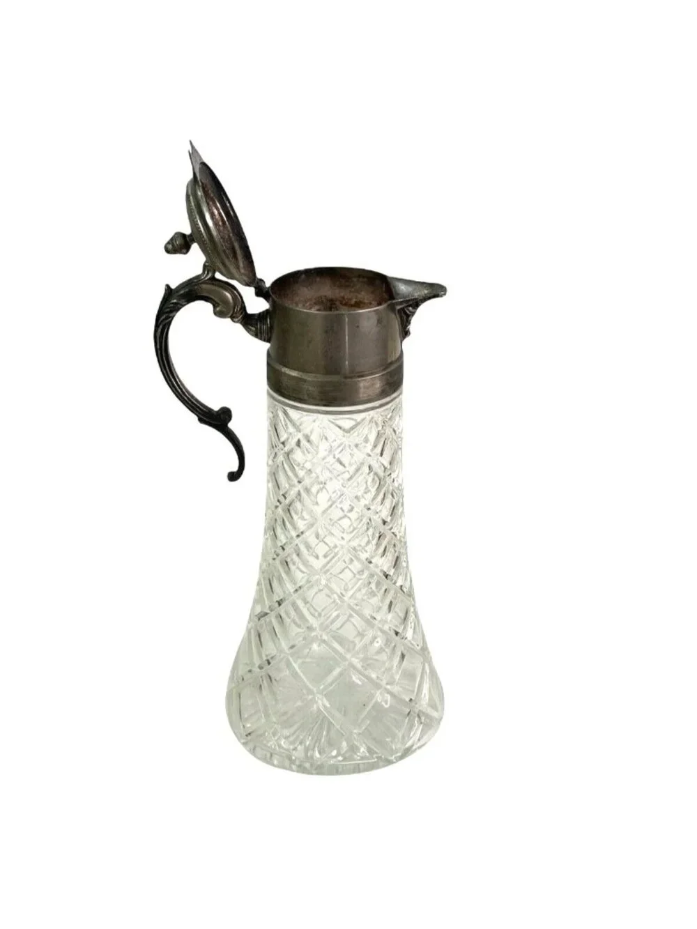 Vintage Glass Claret Carafe Pitcher Ewer Diamond Cut Silver Plate Lid Handle 14
